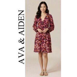 AVA & AIDAN - Magenta, purple floral v-neck long sleeve midi dress